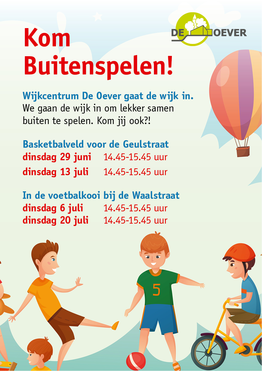 Poster met illustratie spelende kinderen en info voor buitenspeeldagen