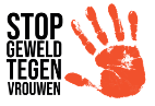 Logo Stop geweld tegen vrouwen met een rode handafdruk en zwarte tekst op witte achtergrond