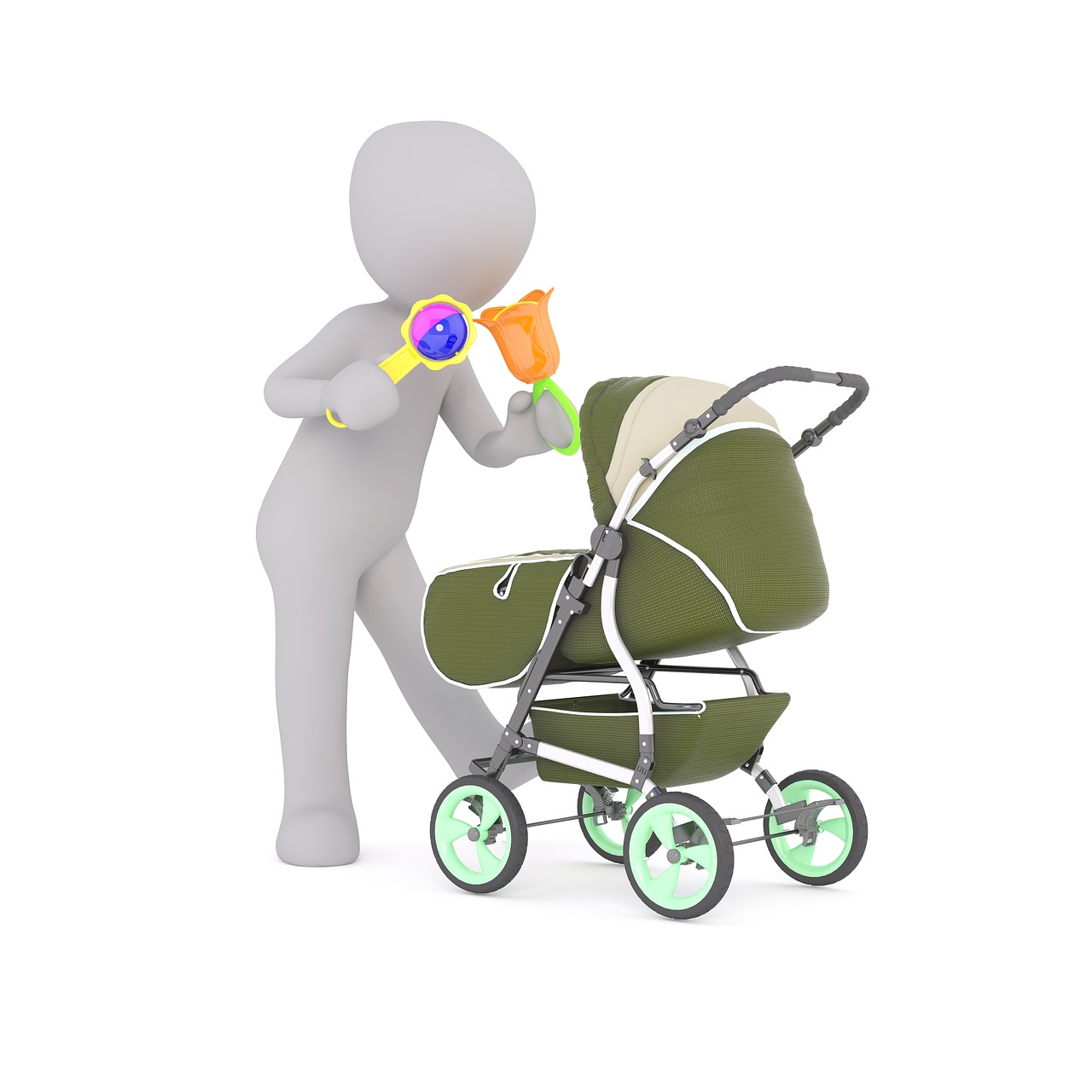 Illustratie van poppetje dat een babysitter voorstelt; met babyspeelgoed in de hand staand naast een kinderwagen