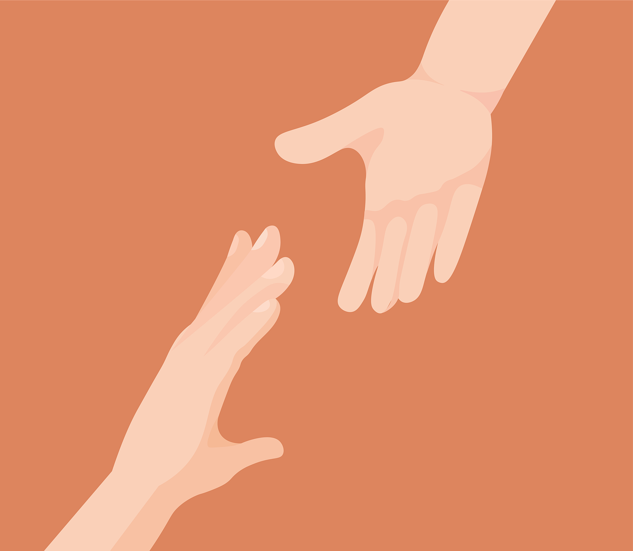 Illustratie van twee handen die naar elkaar reiken tegen een zachtroodbruin gekleurde achtergrond