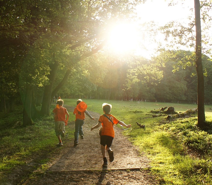 Drie rennende kinderen in het bos