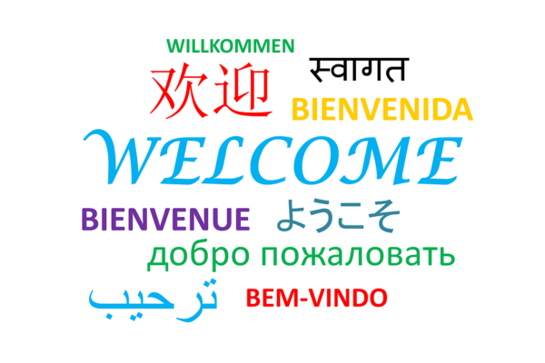 Illustratie met het woord Welkom in diverse talen en kleuren