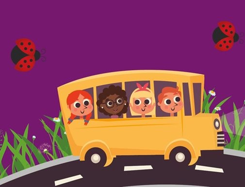 Kleurrijke Illustratie van vier kinderen in een gele bus met daaromheen vliegende lieveheersbeestjes