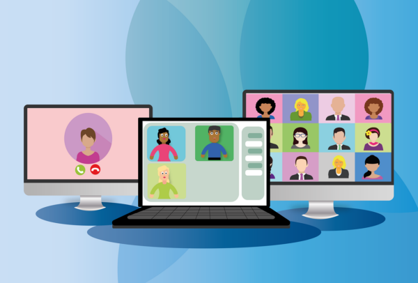 Illustratie in diverse kleuren van drie beeldschermen met mensen die een online bijeenkomst bijwonen