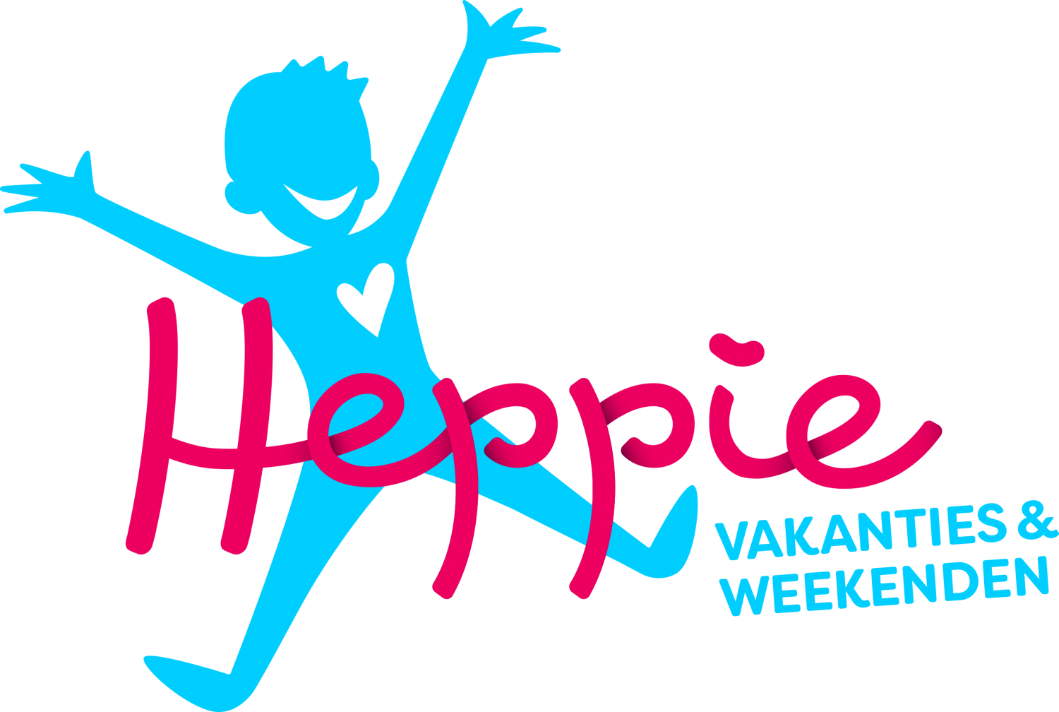 Logo in blauw en roze van Heppie vakanties en weekenden, illustratie van springend kind met armen in de lucht.