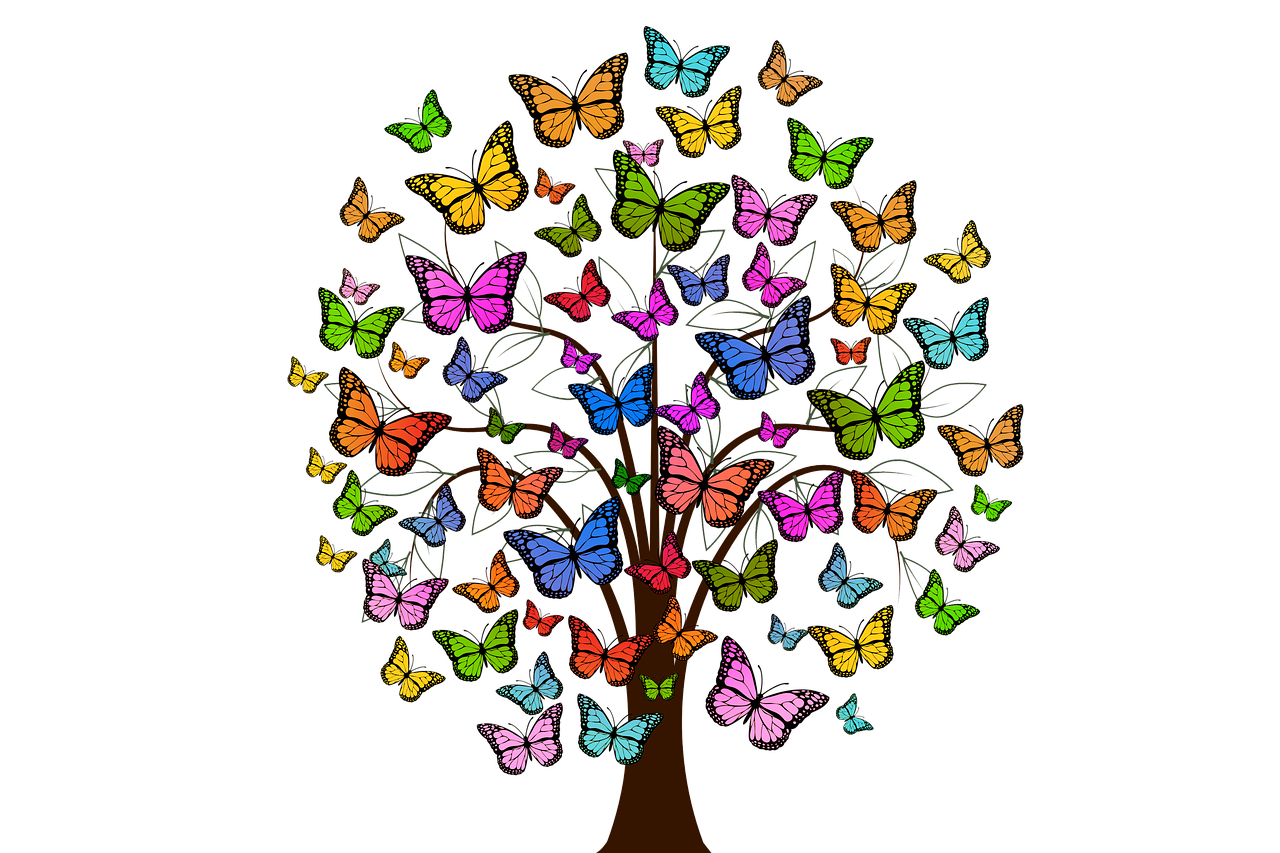 Illustratie van boom met vlinders in diverse kleuren als blaadjes.