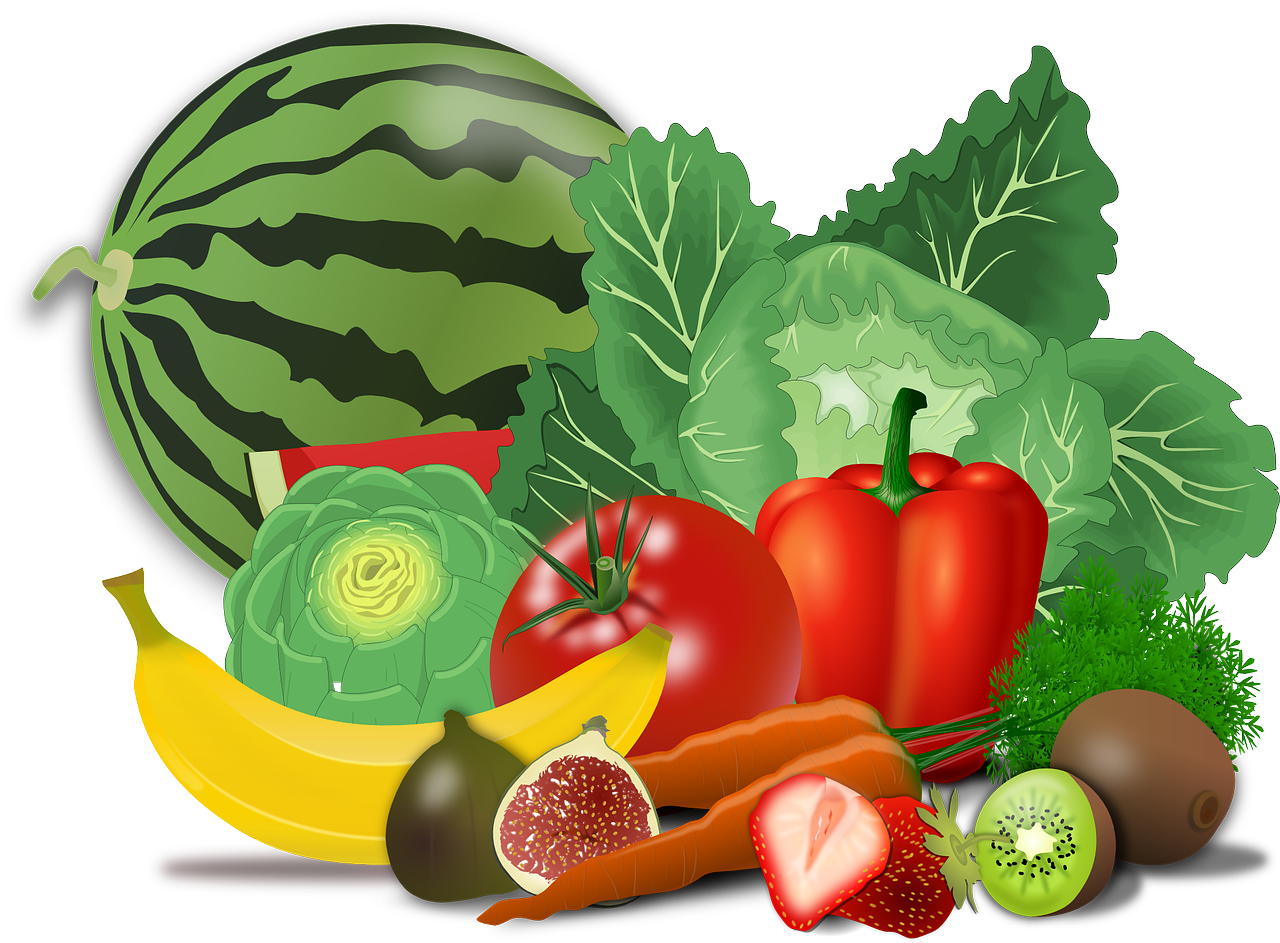 Illustratie van kleurrijke gezonde groenten en fruit tegen witte achtergrond