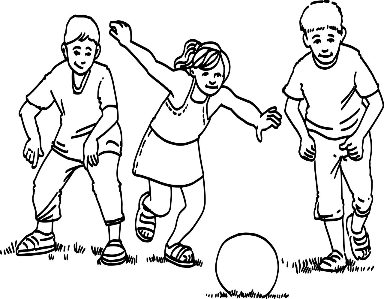 Illustratie (zwarte contouren tegen een witte achtergrond) van drie met een bal spelende kinderen