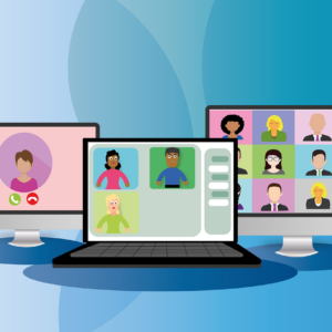 Illustratie in zachte kleuren - pasteltinten - drie computer beeldschermen met illustraties van deelnemers aan online bijeenkomst