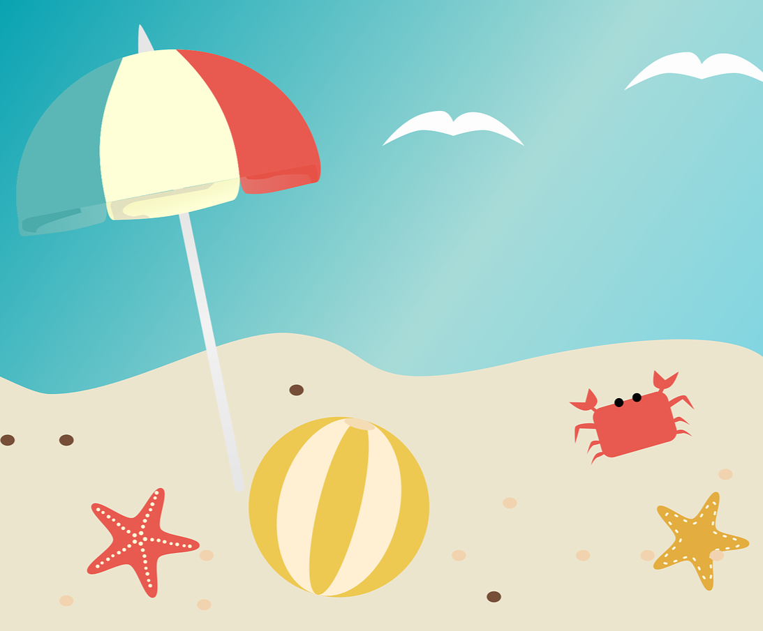 Kleurige illustratie van strandje met een parasol, een strandba, zeesterren en een krabbetje en een vogel